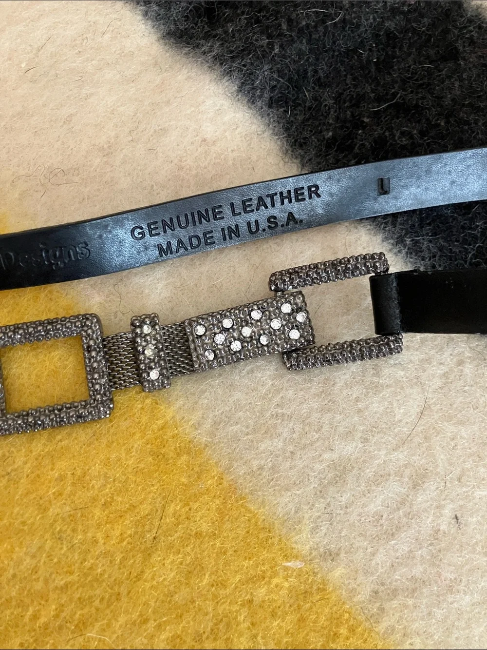 Black Leather Women's Belt with Rhinestone Square Hardware